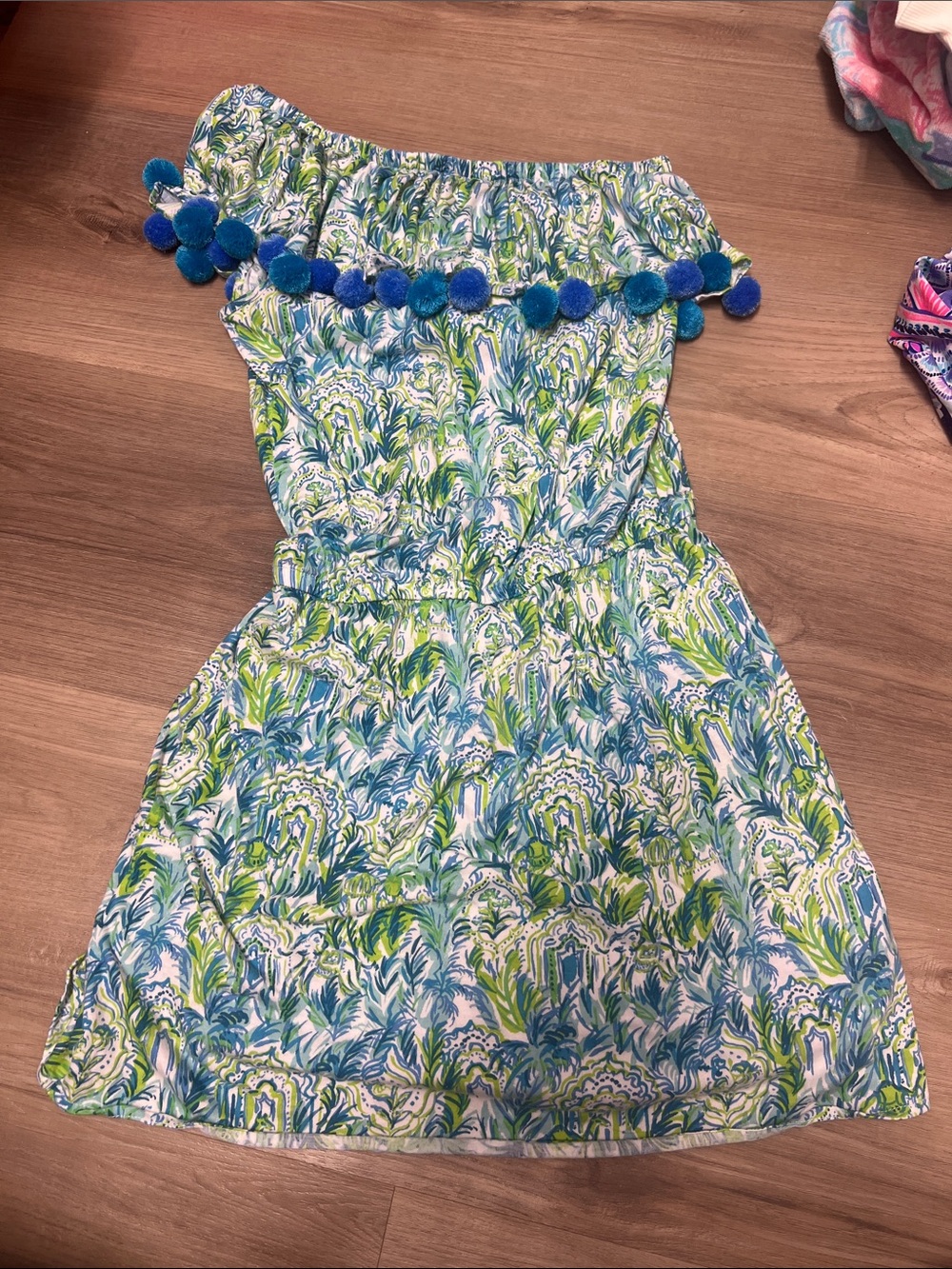 Lilly Pulitzer  romper dress size XS ' Blue & Green Pom-Trim Off-Shoulder Dress